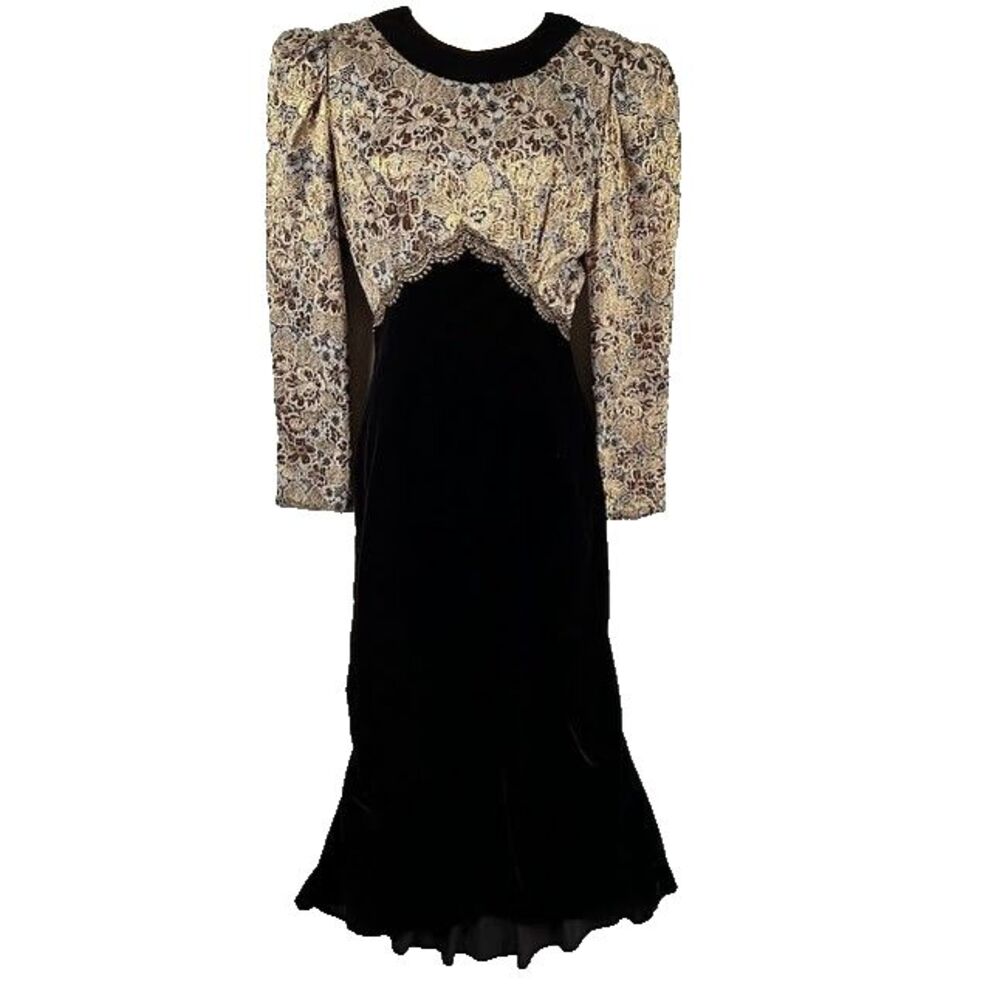 VTG Jessica McClintock Deep Brown Black Velvet Dress Mermaid Hem Romantic Gown